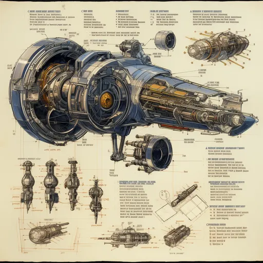 эскизы-чертежи футуристичной sci fi, варп-двигат…