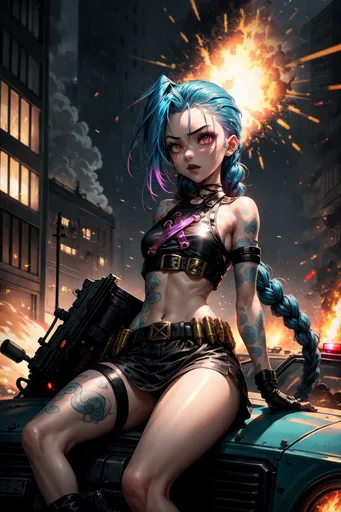 Jinx, на крыше полицейской машины, взрывы за её спин...