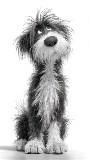 Чёрно-белая собака, сидит, лохматая шерсть, мультяшный...