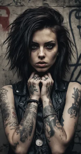 Портрет рок-певицы, выразительные глаза, татуир...